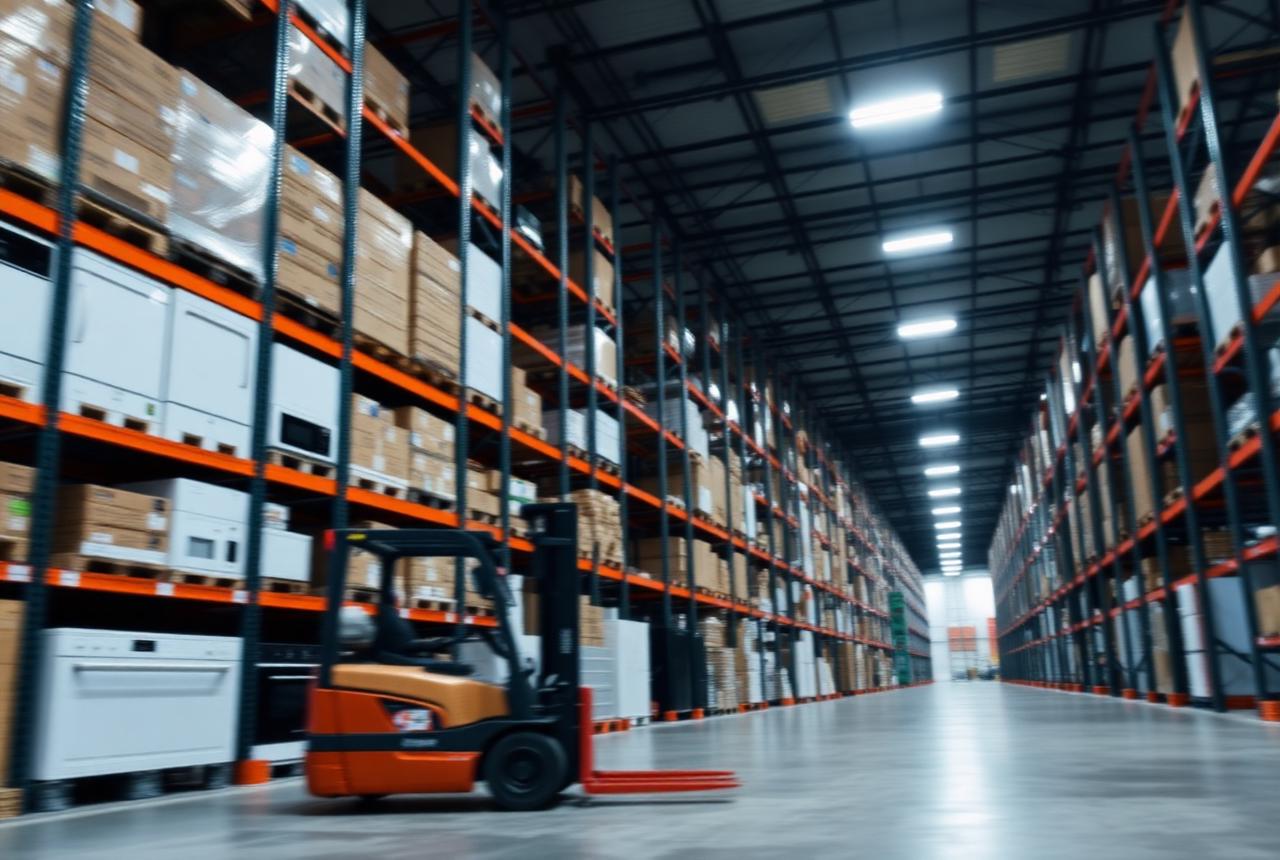 Logistikzentrum für Hausgeräte mit moderner LED-Hallenbeleuchtung
